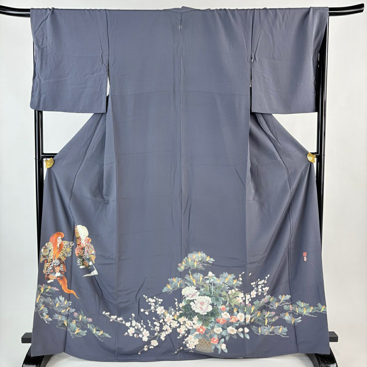 色留袖禮服 身長167cm 袖長68.5cm L 雙層 十日町友禪 村松樹龍介 落款あり 連獅子 松樹 青灰 純蠶絲 名品級 一つ紋