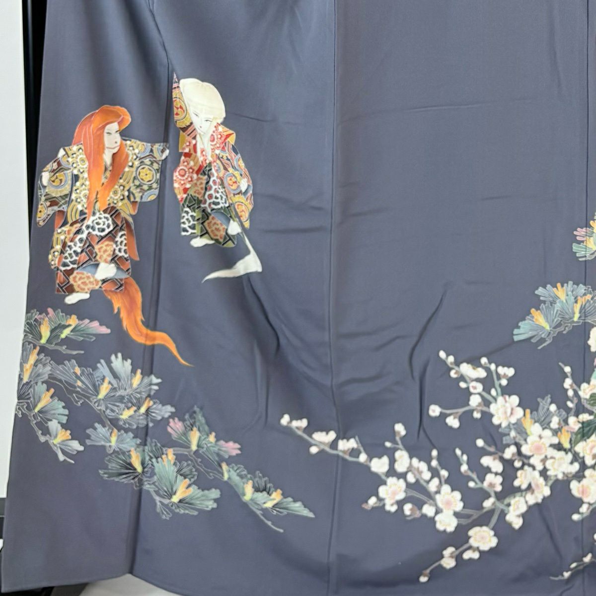 色留袖禮服 身長167cm 袖長68.5cm L 雙層 十日町友禪 村松樹龍介 落款あり 連獅子 松樹 青灰 純蠶絲 名品級 一つ紋