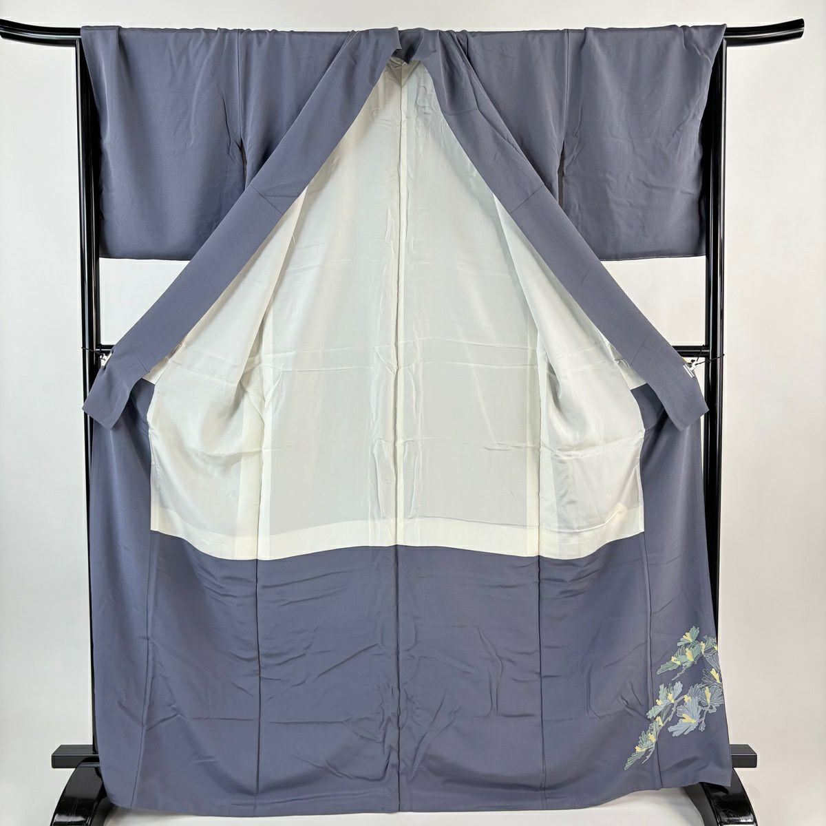色留袖禮服 身長167cm 袖長68.5cm L 雙層 十日町友禪 村松樹龍介 落款あり 連獅子 松樹 青灰 純蠶絲 名品級 一つ紋