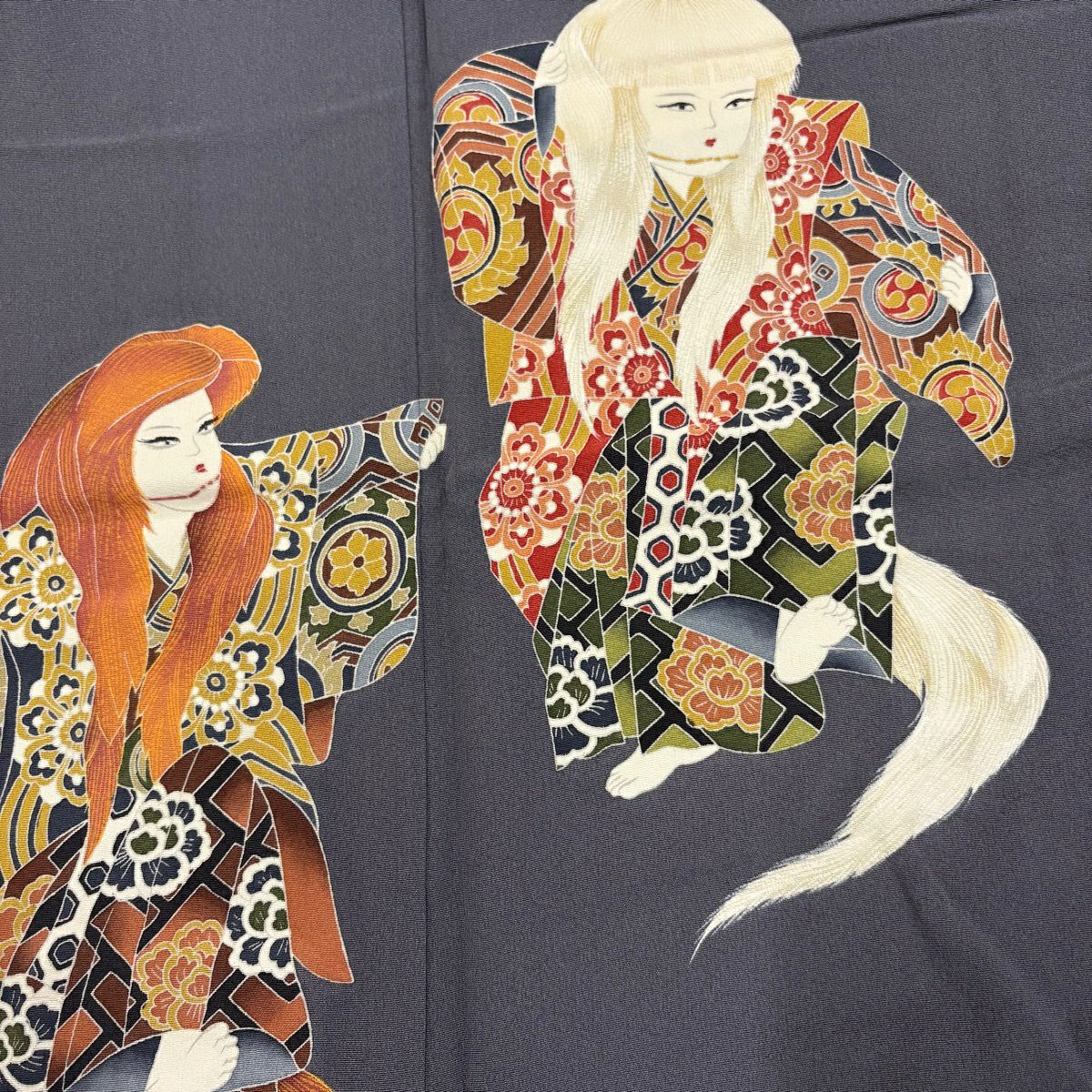 色留袖禮服 身長167cm 袖長68.5cm L 雙層 十日町友禪 村松樹龍介 落款あり 連獅子 松樹 青灰 純蠶絲 名品級 一つ紋