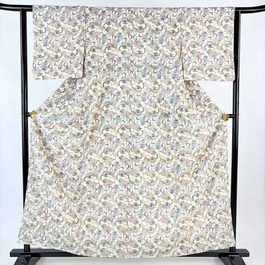 【美品】 小紋 身長159.5cm 袖長61.5cm S 雙層 花唐草紋 絞織 奶油色 純蠶絲 名品級