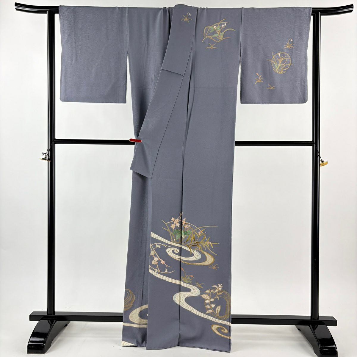 訪問服 身長165cm 袖長66cm M 雙層 洛樂人 玉蟲 落款あり 草花紋紋 流水 金銀彩 青灰 純蠶絲 逸品級