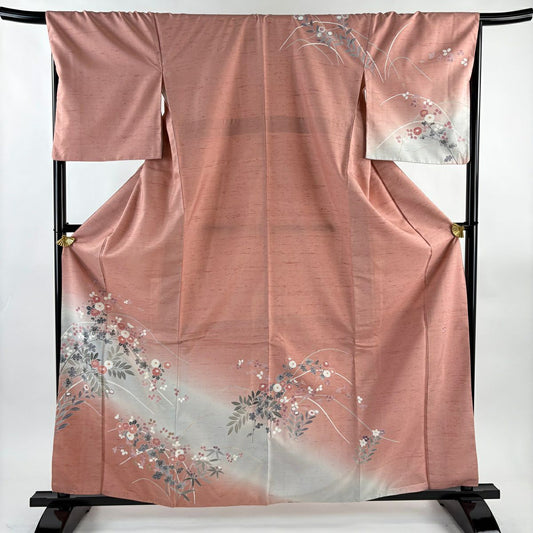 訪問服 身長163cm 袖長68.5cm L 雙層 牛首紬織織 地 落款あり 菊花 萩 漸層 粉紅 純蠶絲 逸品級