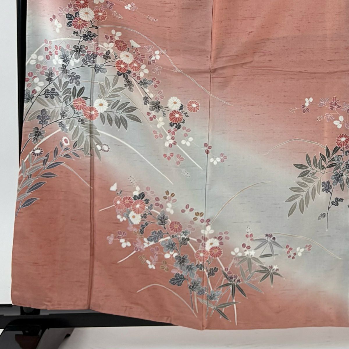 訪問服 身長163cm 袖長68.5cm L 雙層 牛首紬織織 地 落款あり 菊花 萩 漸層 粉紅 純蠶絲 逸品級