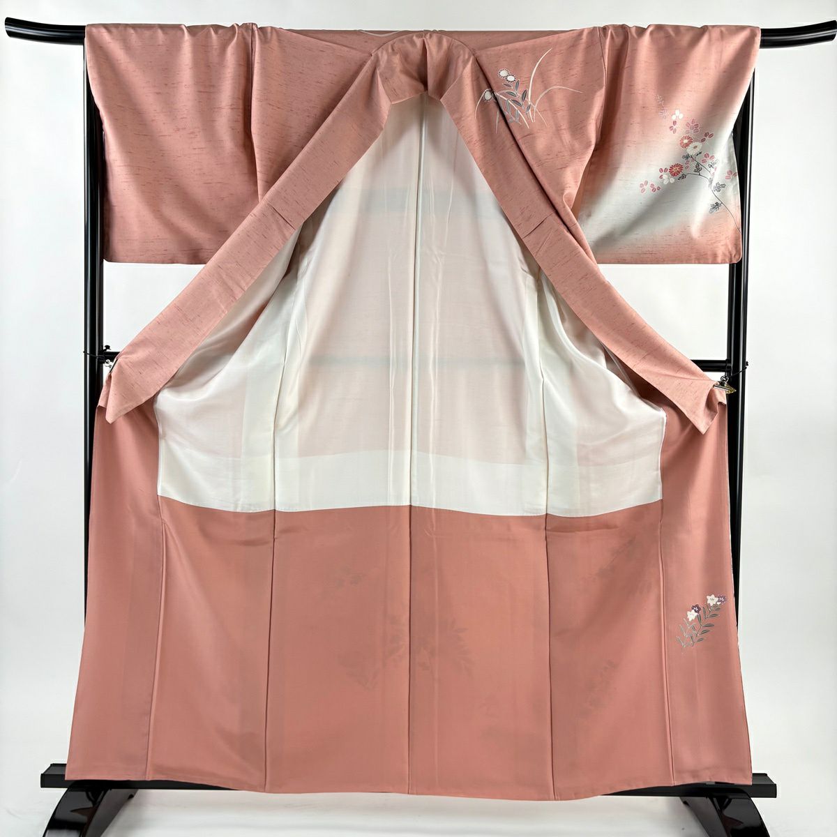 訪問服 身長163cm 袖長68.5cm L 雙層 牛首紬織織 地 落款あり 菊花 萩 漸層 粉紅 純蠶絲 逸品級