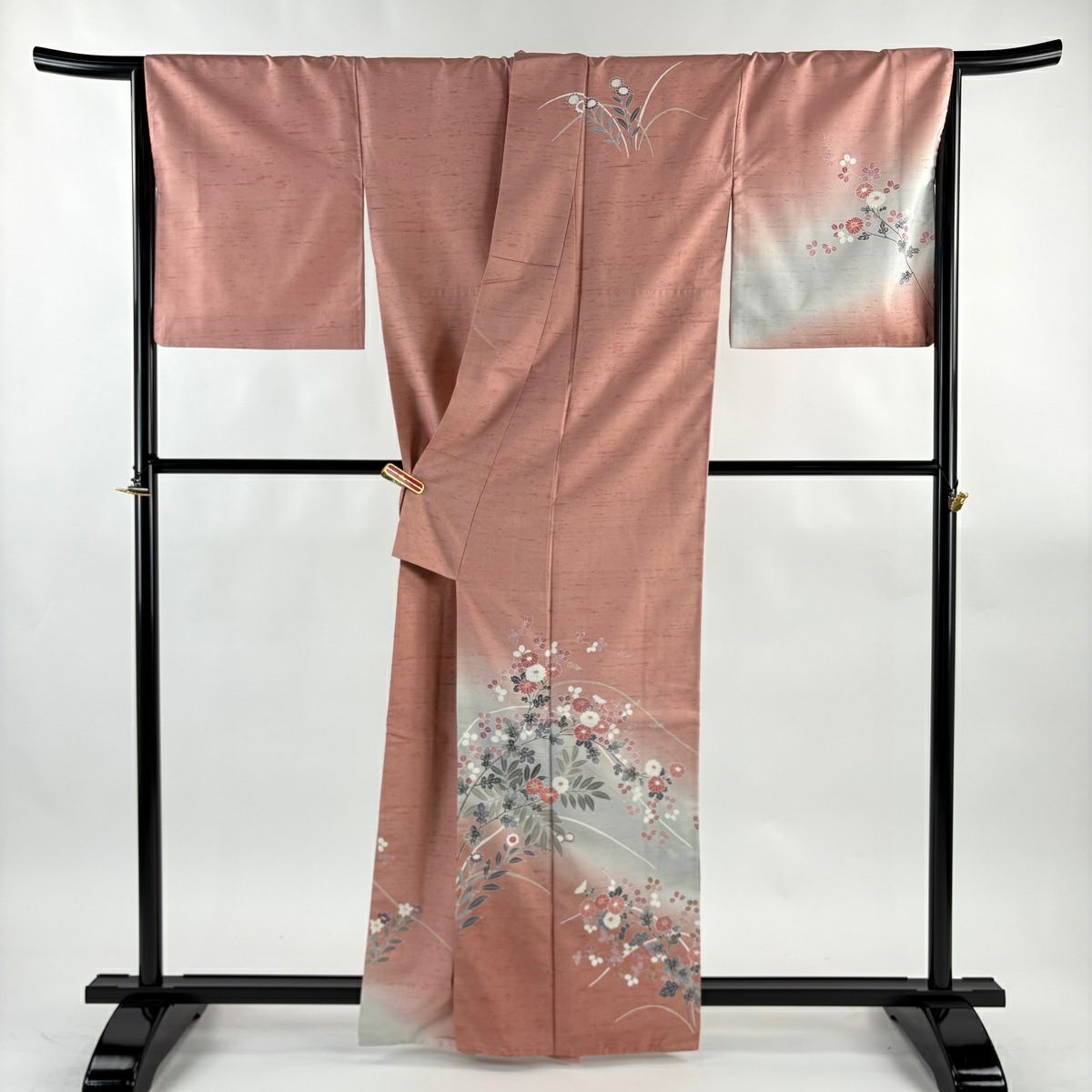 訪問服 身長163cm 袖長68.5cm L 雙層 牛首紬織織 地 落款あり 菊花 萩 漸層 粉紅 純蠶絲 逸品級