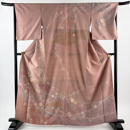 訪問服 身長163.5cm 袖長67.5cm L 雙層 牛首紬織織 落款あり 證書あり 梅花 草花紋紋 金銀彩 絞染 粉米色 純蠶絲 逸品級