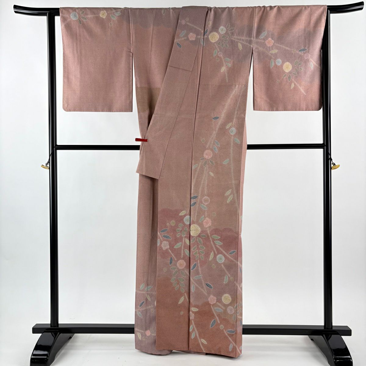 訪問服 身長163.5cm 袖長67.5cm L 雙層 牛首紬織織 落款あり 證書あり 梅花 草花紋紋 金銀彩 絞染 粉米色 純蠶絲 逸品級