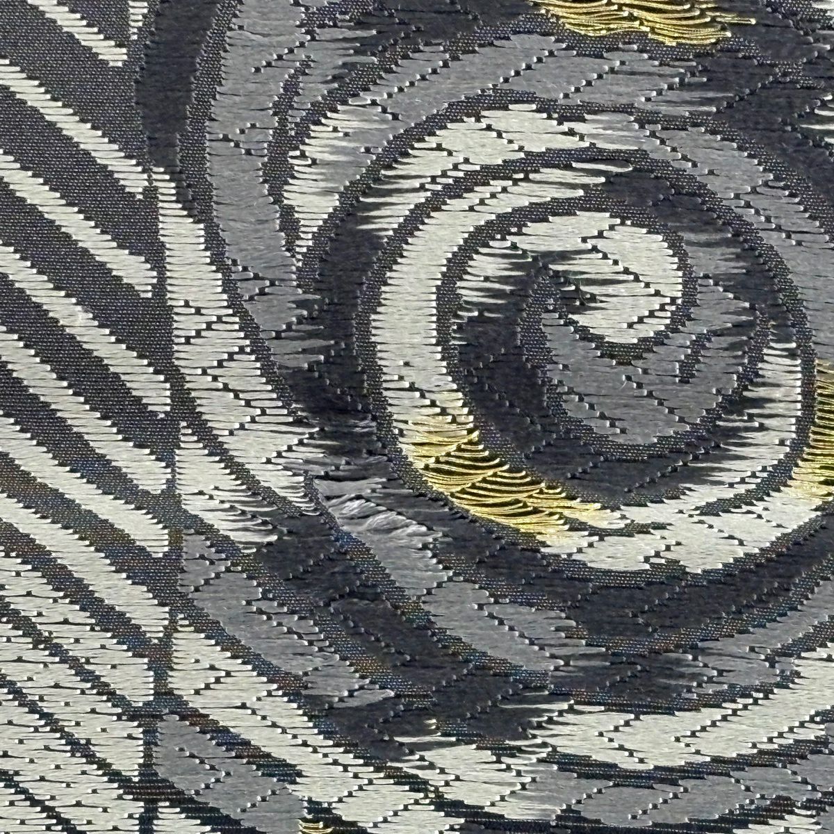 【美品】 袋帶 逸品級 新小石丸 松樹煙染 斜紋 渦卷 金絲 唐織 黑灰 六通 純蠶絲