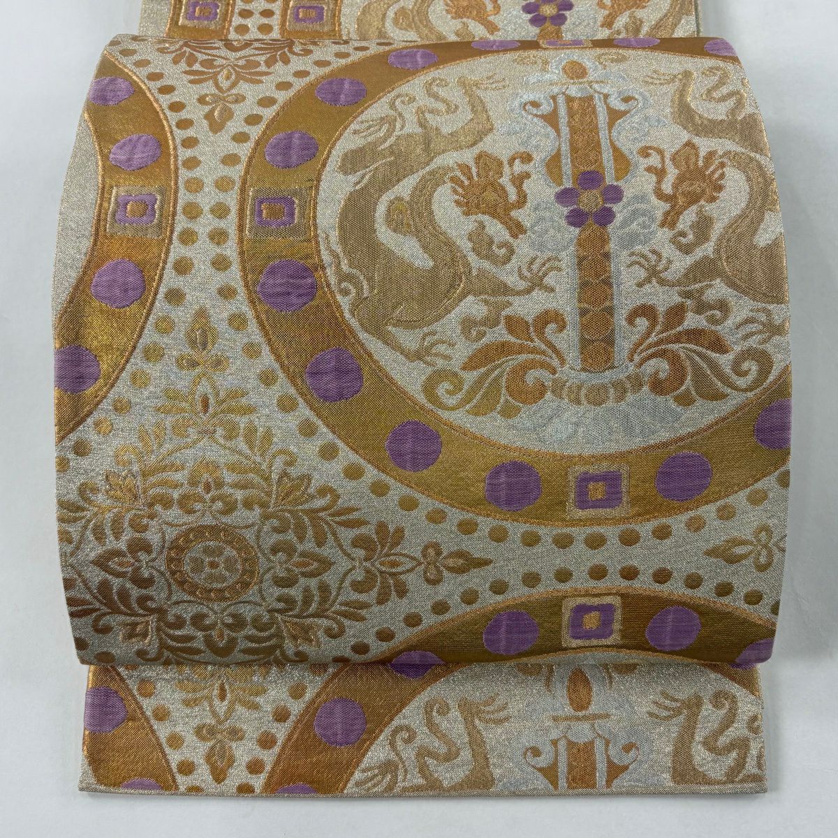 【美品】 袋帶 逸品級 帝王紫 落款あり 雙龍唐草紋圓文 金銀線 金金箔 金色 六通 純蠶絲
