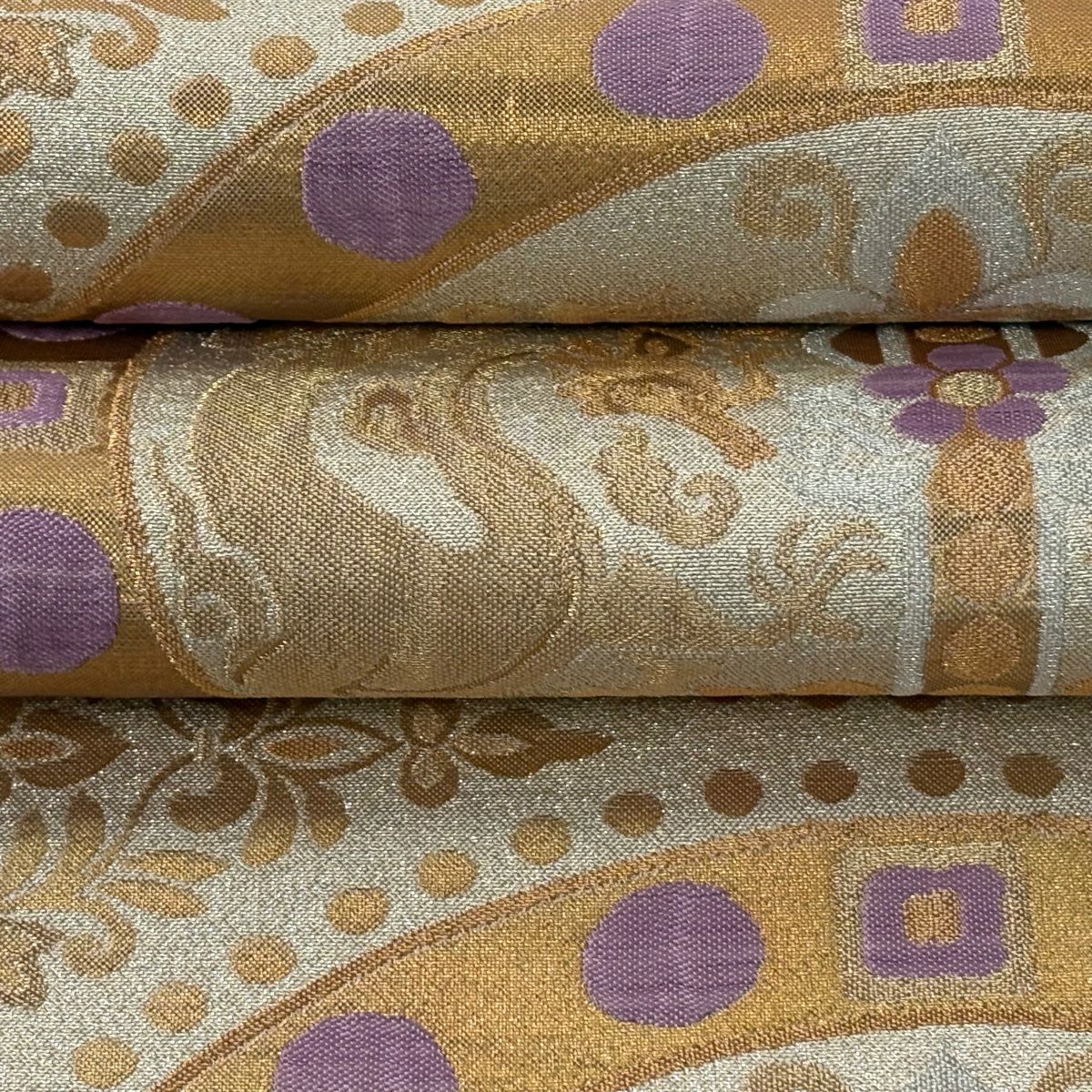 【美品】 袋帶 逸品級 帝王紫 落款あり 雙龍唐草紋圓文 金銀線 金金箔 金色 六通 純蠶絲