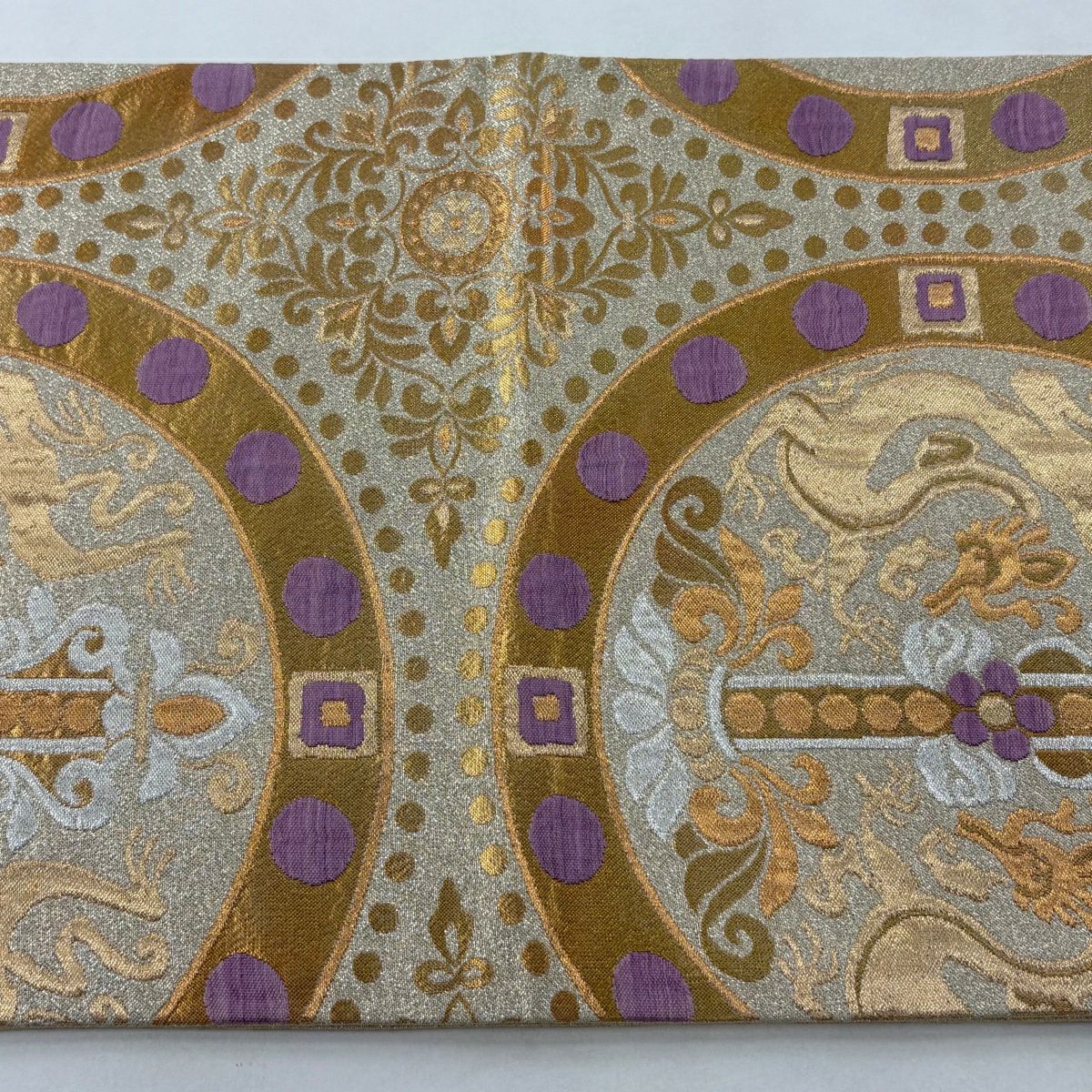 【美品】 袋帶 逸品級 帝王紫 落款あり 雙龍唐草紋圓文 金銀線 金金箔 金色 六通 純蠶絲