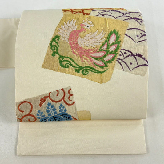 名古屋帶 優品級 色紙 鳳凰 金銀彩 奶油色 純蠶絲
