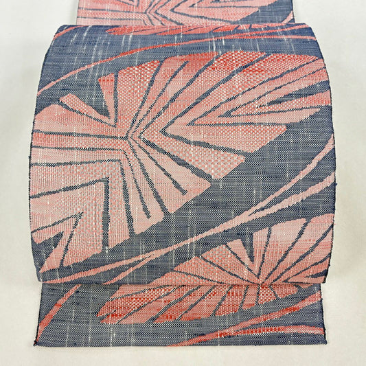 【美品】名古屋帶 優品級 證書齊全 紬織織 八寸名古屋帶 松樹葉仕立 幾何學圖案 深藍 化纖