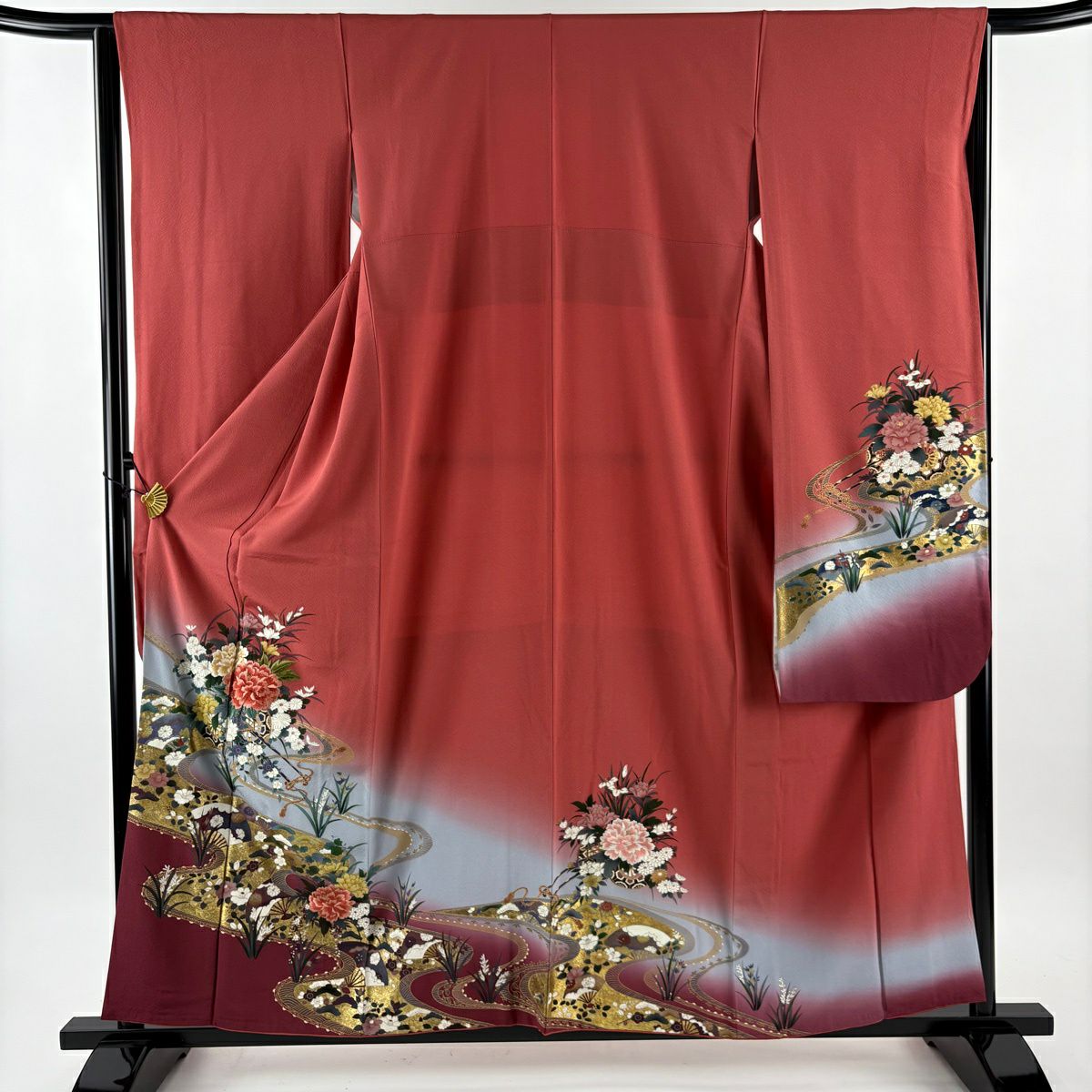 振袖禮服 身長158cm 袖長65cm M 雙層 大和 花車 扇子子 刺繡 金絲 茜 純蠶絲 秀品級