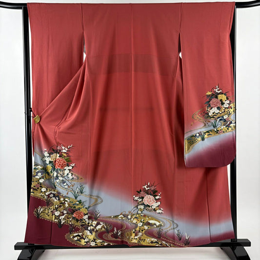 振袖禮服 身長158cm 袖長65cm M 雙層 大和 花車 扇子子 刺繡 金絲 茜 純蠶絲 秀品級