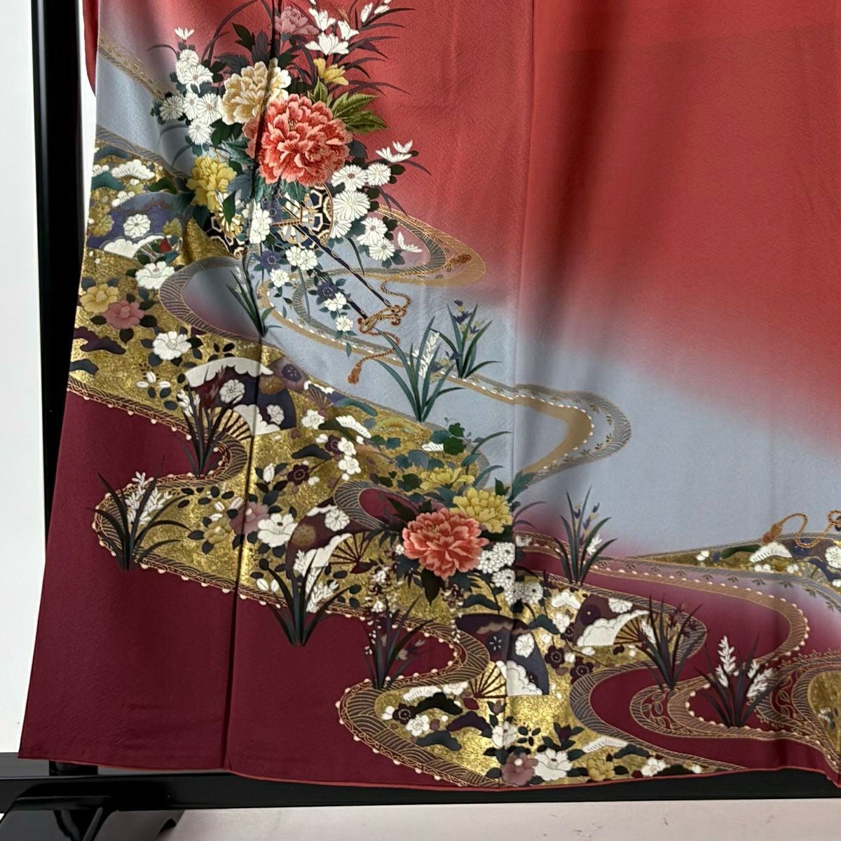 振袖禮服 身長158cm 袖長65cm M 雙層 大和 花車 扇子子 刺繡 金絲 茜 純蠶絲 秀品級