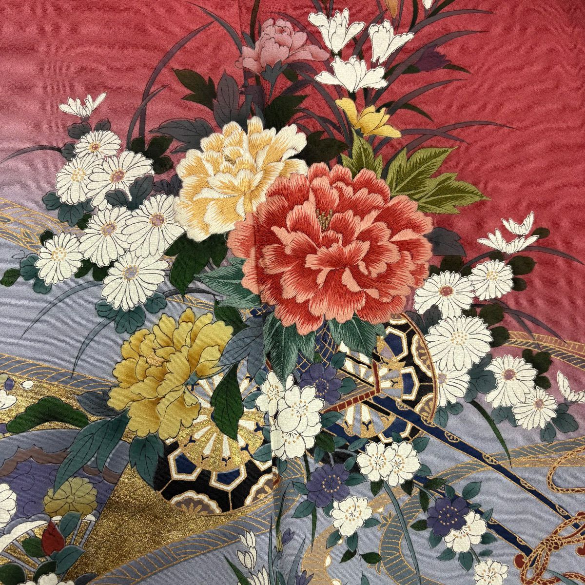 振袖禮服 身長158cm 袖長65cm M 雙層 大和 花車 扇子子 刺繡 金絲 茜 純蠶絲 秀品級