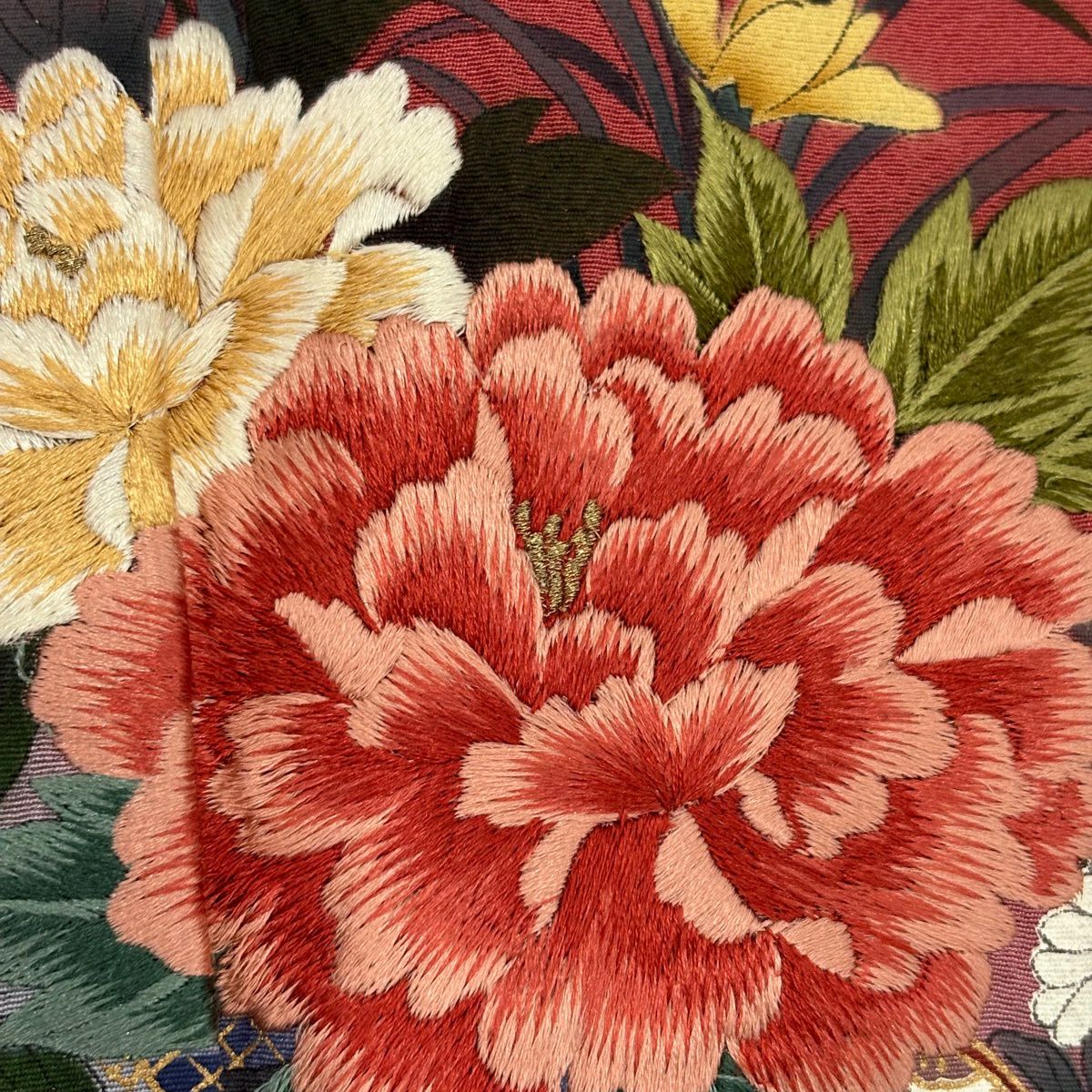 振袖禮服 身長158cm 袖長65cm M 雙層 大和 花車 扇子子 刺繡 金絲 茜 純蠶絲 秀品級