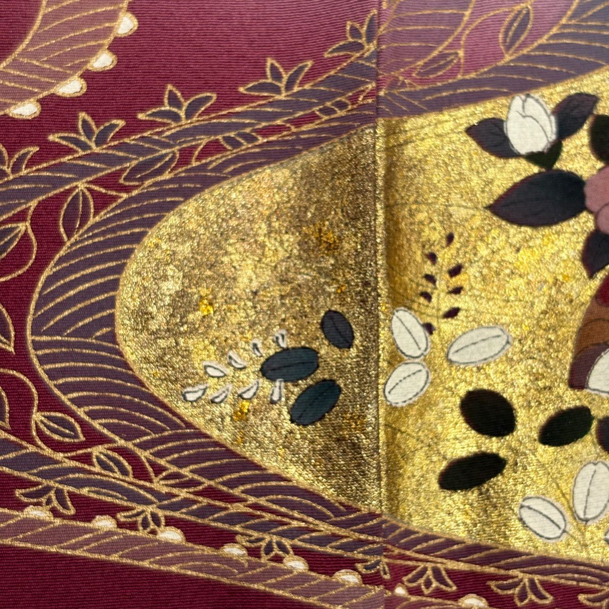 振袖禮服 身長158cm 袖長65cm M 雙層 大和 花車 扇子子 刺繡 金絲 茜 純蠶絲 秀品級