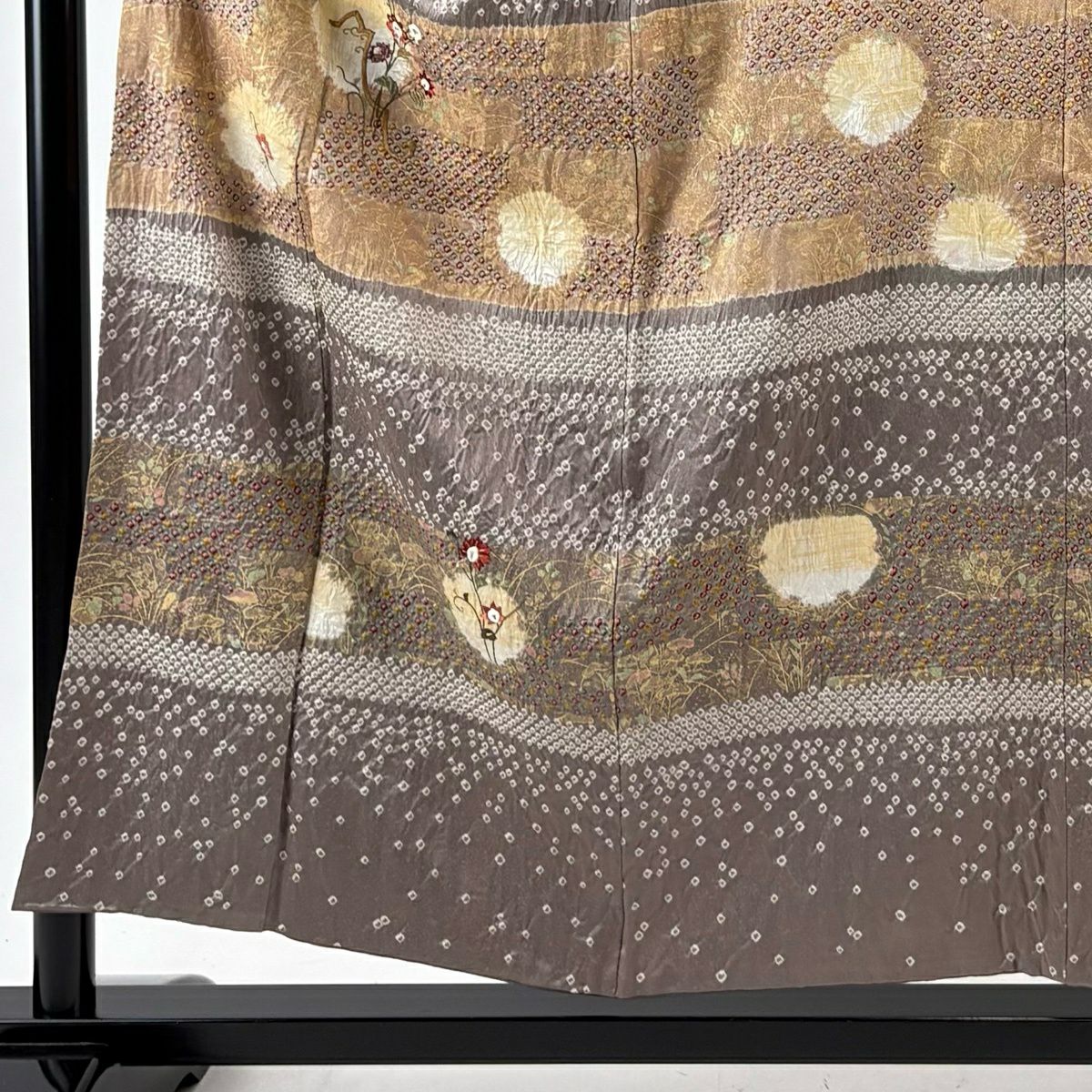 訪問服 身長155cm 袖長62cm S 雙層 草花紋紋 雪輪刺繡 絞染 灰茶 純蠶絲 秀品級
