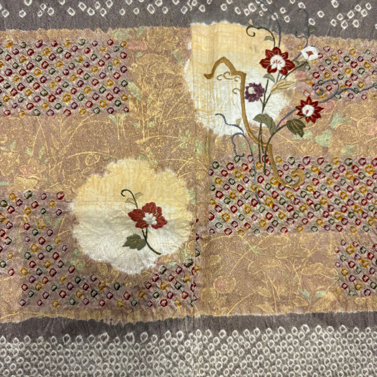 訪問服 身長155cm 袖長62cm S 雙層 草花紋紋 雪輪刺繡 絞染 灰茶 純蠶絲 秀品級