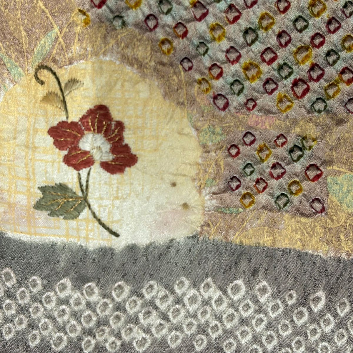 訪問服 身長155cm 袖長62cm S 雙層 草花紋紋 雪輪刺繡 絞染 灰茶 純蠶絲 秀品級