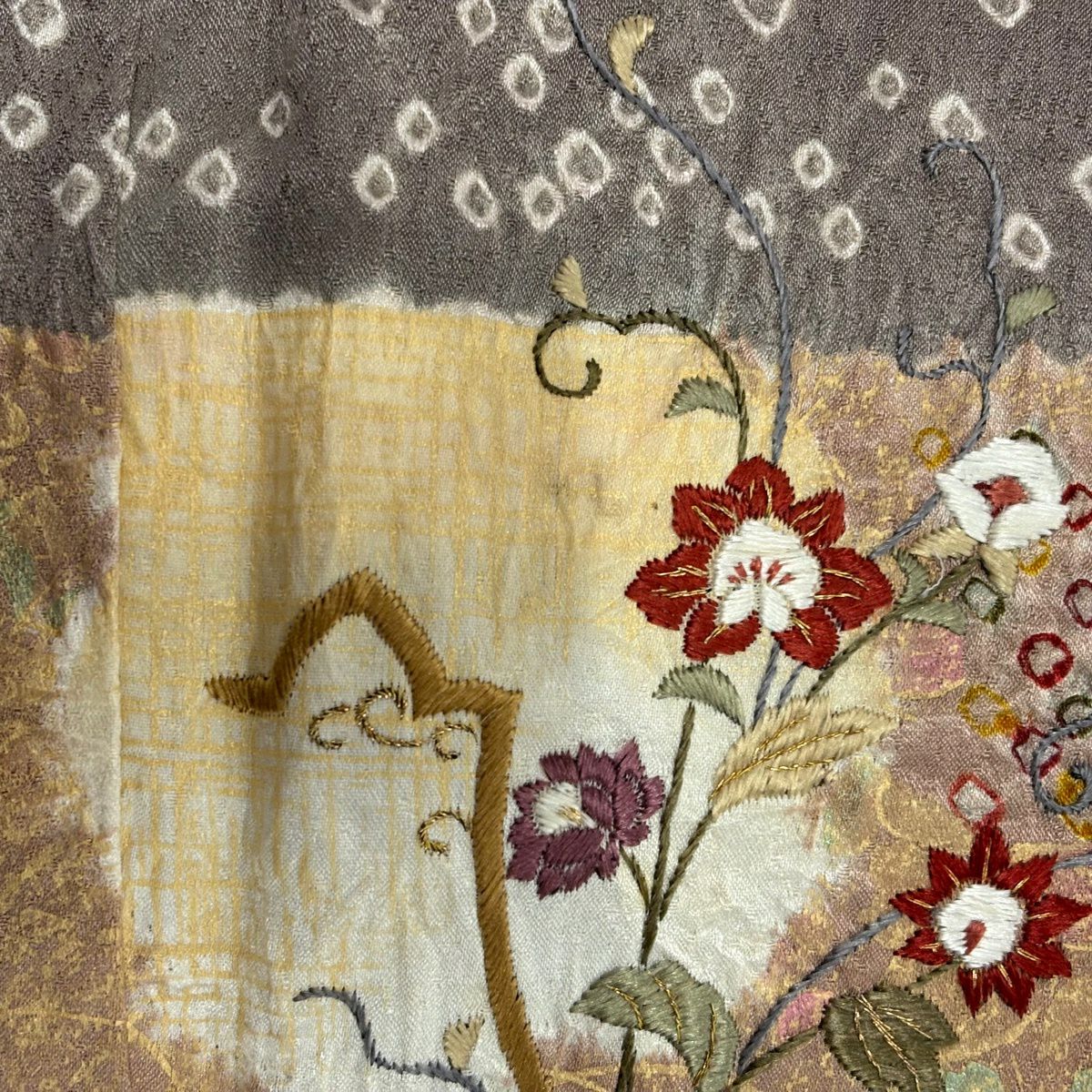 訪問服 身長155cm 袖長62cm S 雙層 草花紋紋 雪輪刺繡 絞染 灰茶 純蠶絲 秀品級