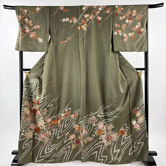 訪問服 身長167.5cm 袖長70cm L 雙層 菊花 牡丹 刺繡 金銀彩 茶綠 純蠶絲 秀品級