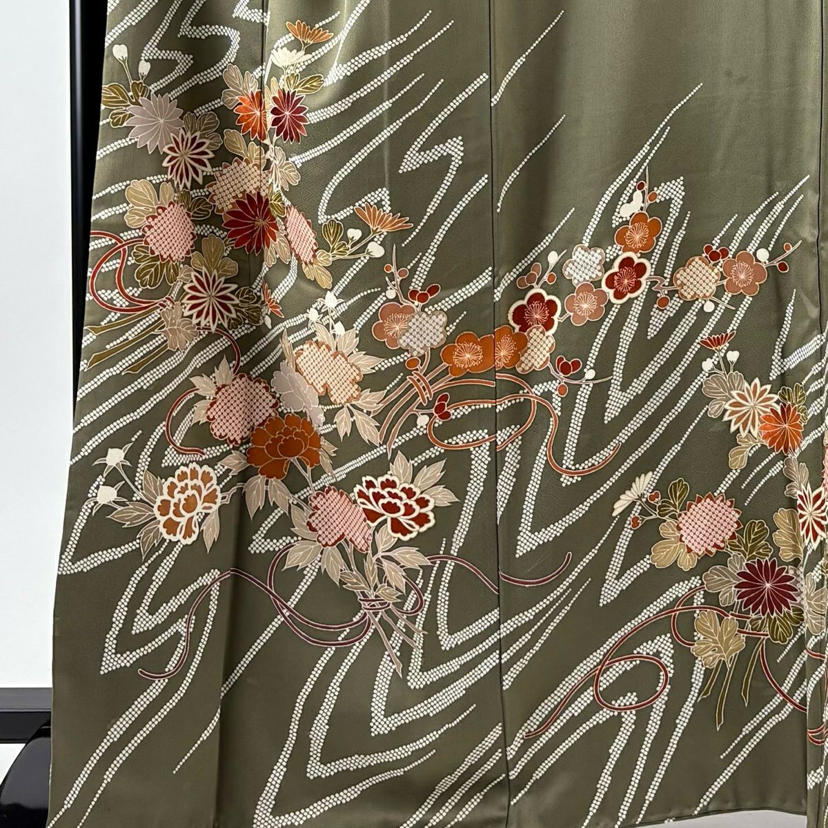 訪問服 身長167.5cm 袖長70cm L 雙層 菊花 牡丹 刺繡 金銀彩 茶綠 純蠶絲 秀品級