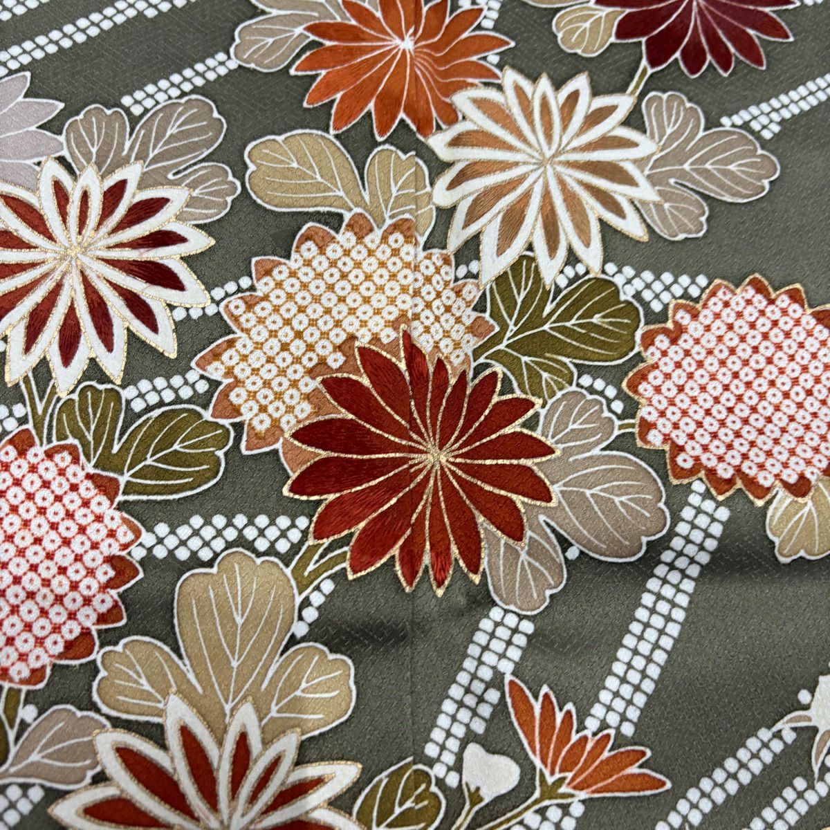 訪問服 身長167.5cm 袖長70cm L 雙層 菊花 牡丹 刺繡 金銀彩 茶綠 純蠶絲 秀品級