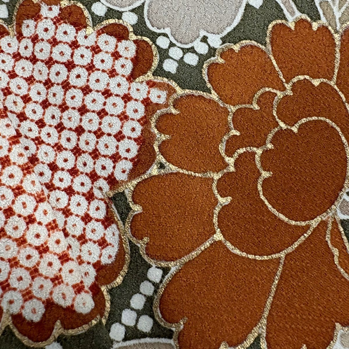 訪問服 身長167.5cm 袖長70cm L 雙層 菊花 牡丹 刺繡 金銀彩 茶綠 純蠶絲 秀品級