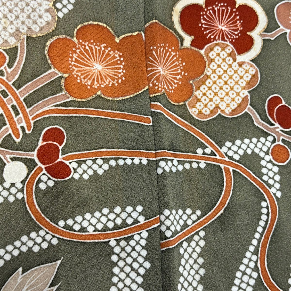 訪問服 身長167.5cm 袖長70cm L 雙層 菊花 牡丹 刺繡 金銀彩 茶綠 純蠶絲 秀品級