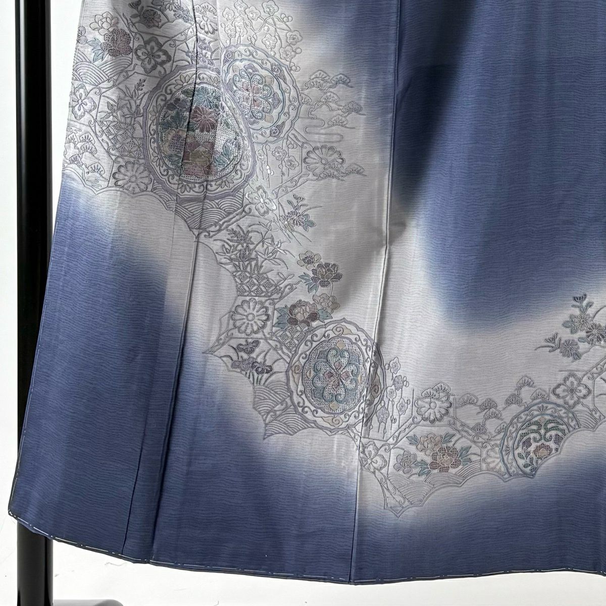 【美品】 付下 身長152cm 袖長64cm M 雙層 紬織織 草花紋紋 蜀江紋 刺繡 漸層 青紫 純蠶絲 秀品級