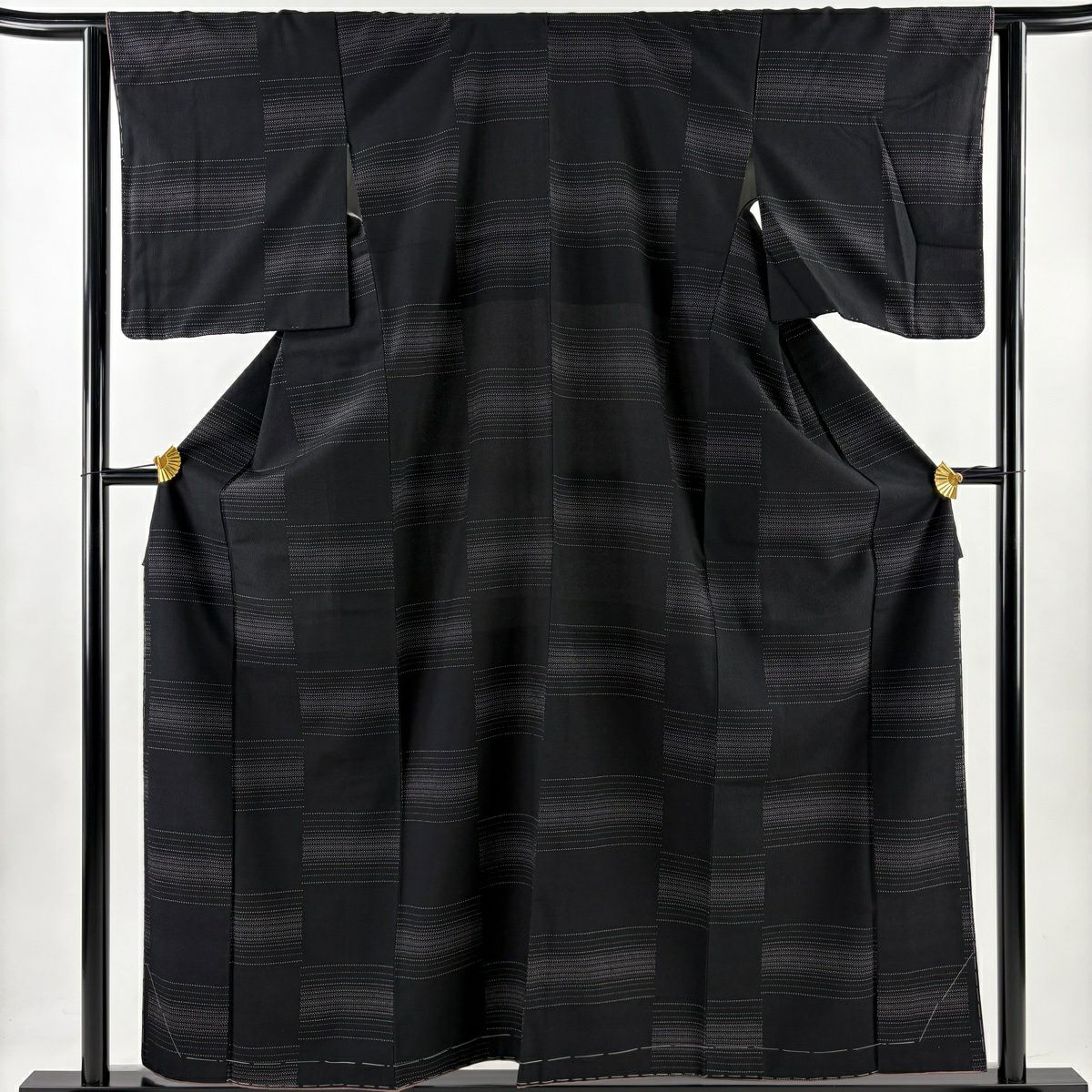 【美品】 紬織 身長158cm 袖長62.5cm S 雙層 段縞 黑 純蠶絲 秀品級
