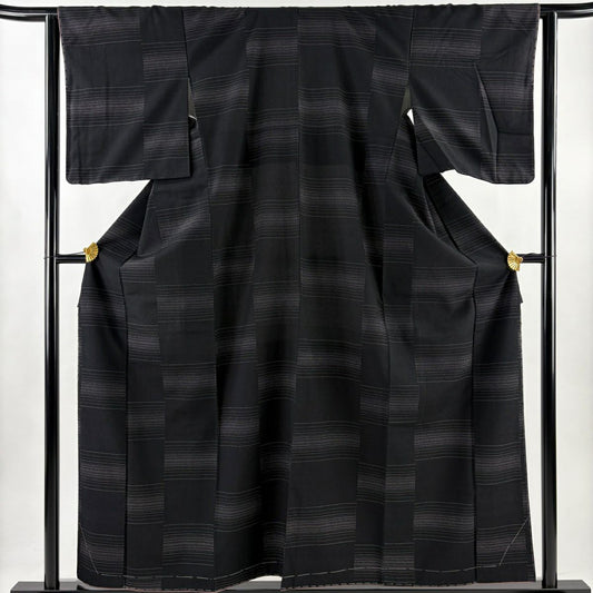 【美品】 紬織 身長158cm 袖長62.5cm S 雙層 段縞 黑 純蠶絲 秀品級