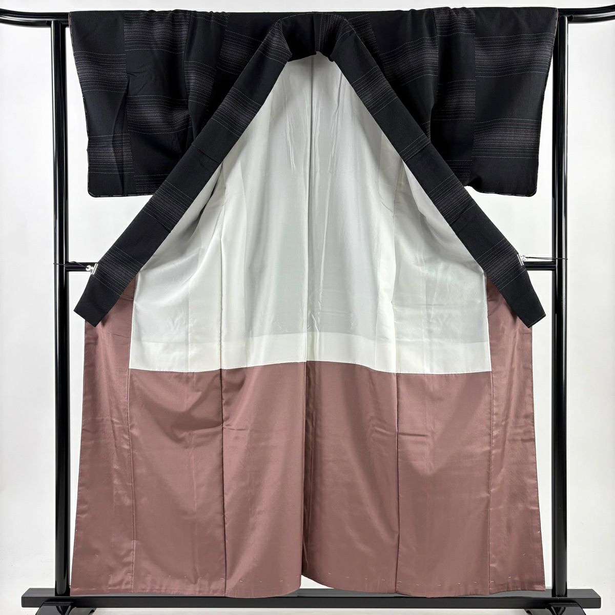 【美品】 紬織 身長158cm 袖長62.5cm S 雙層 段縞 黑 純蠶絲 秀品級