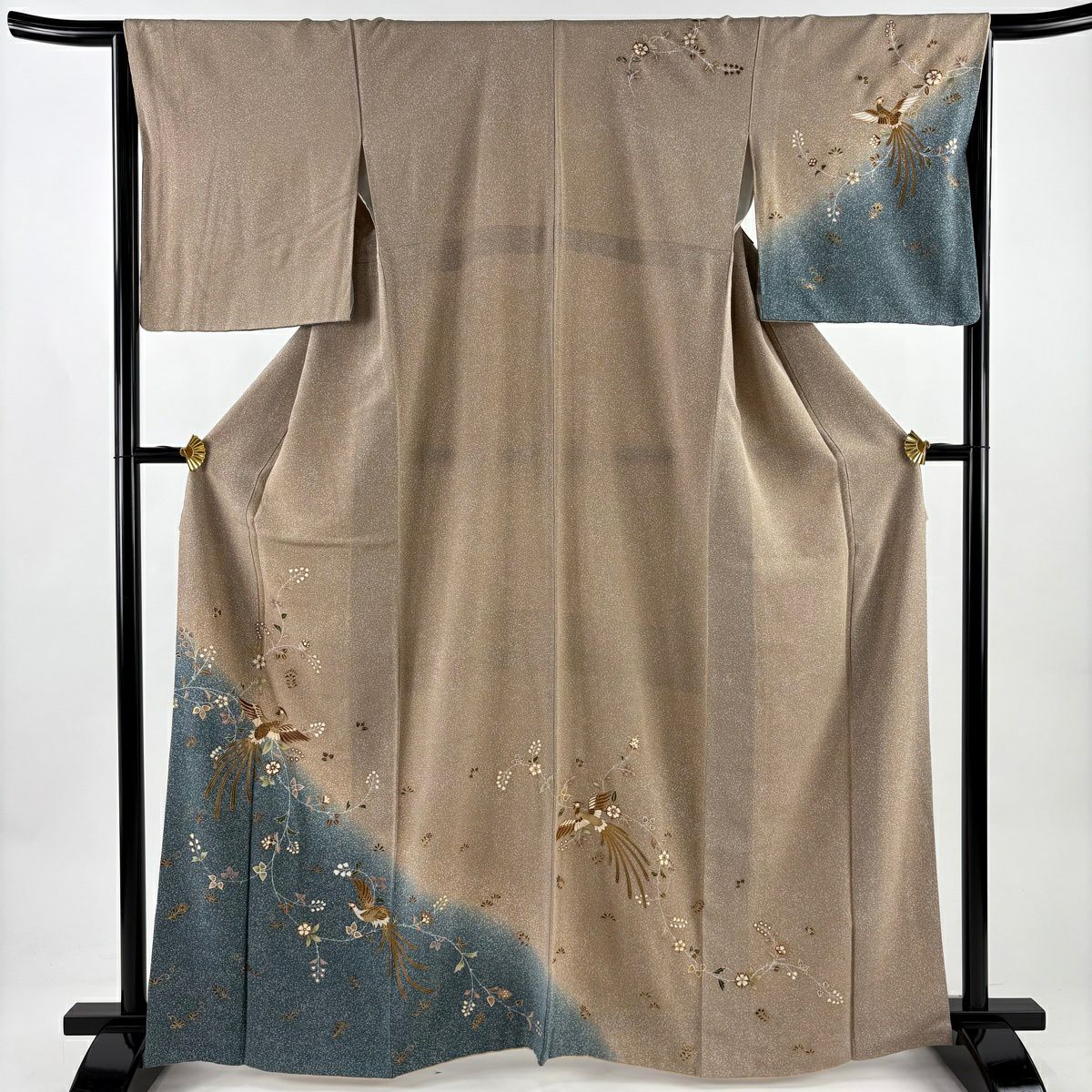 付下 身長165cm 袖長65cm M 雙層 紬織織 鳳凰 草花紋紋 金銀彩 染分 薄茶 純蠶絲 秀品級