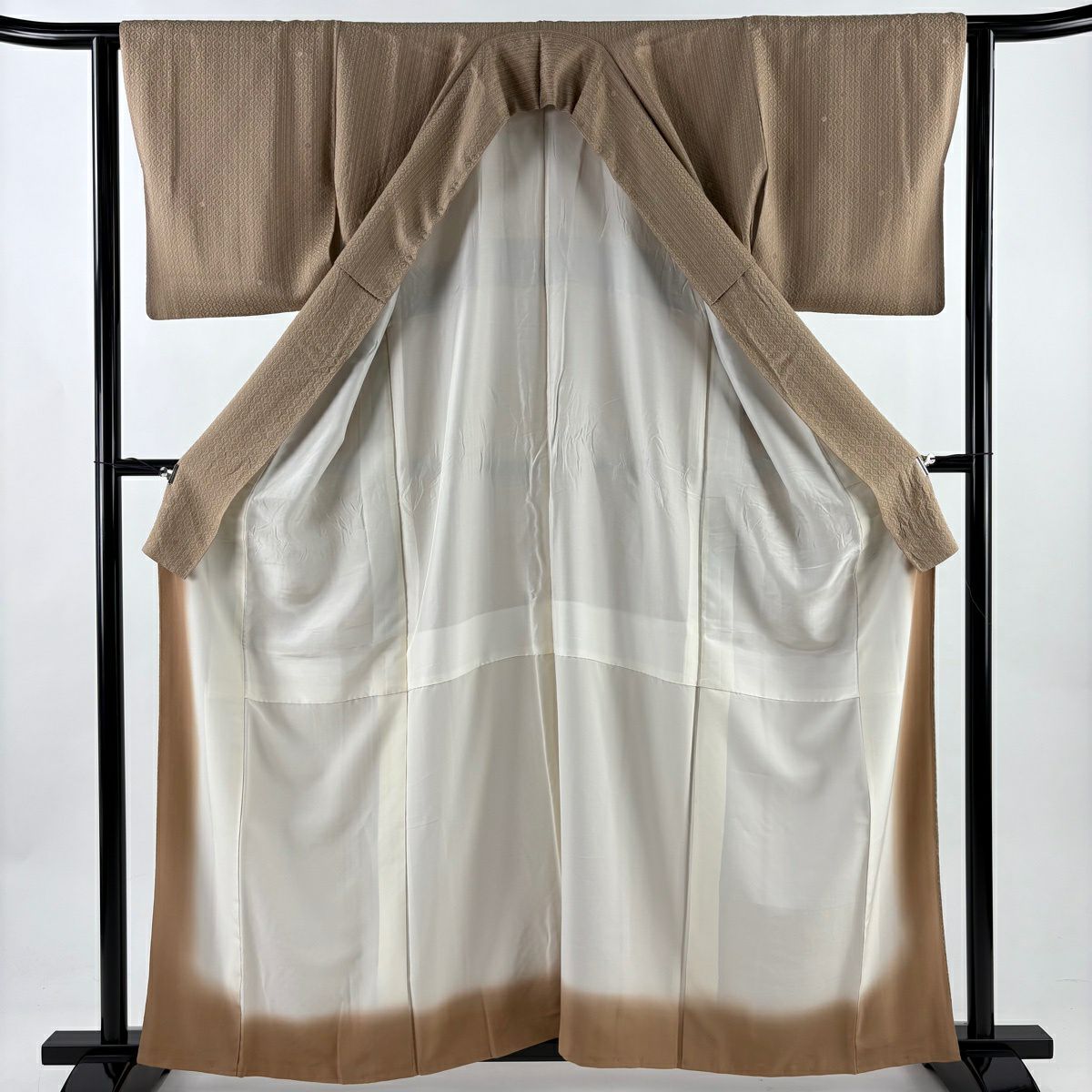 小紋 身長161cm 袖長63cm S 雙層 縱條花 薄茶 純蠶絲 秀品級
