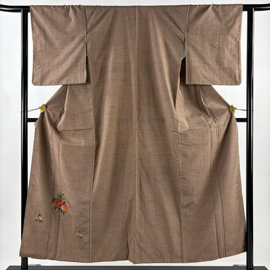 付下 身長153cm 袖長62cm S 雙層 紬織織 草花紋紋 刺繡 茶 純蠶絲 秀品級