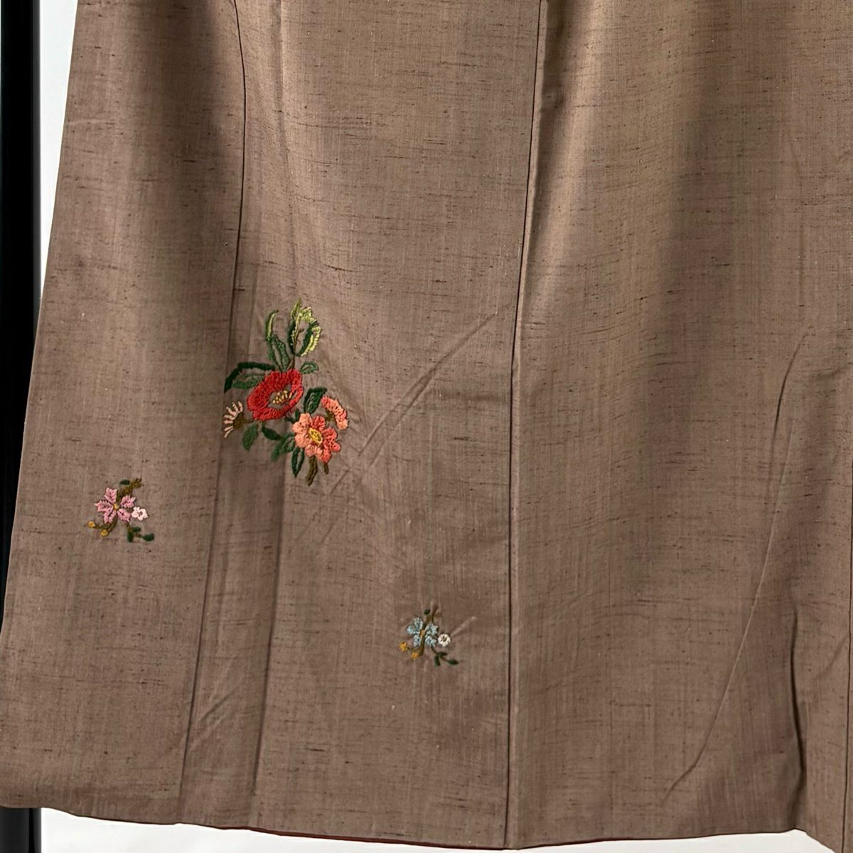 付下 身長153cm 袖長62cm S 雙層 紬織織 草花紋紋 刺繡 茶 純蠶絲 秀品級