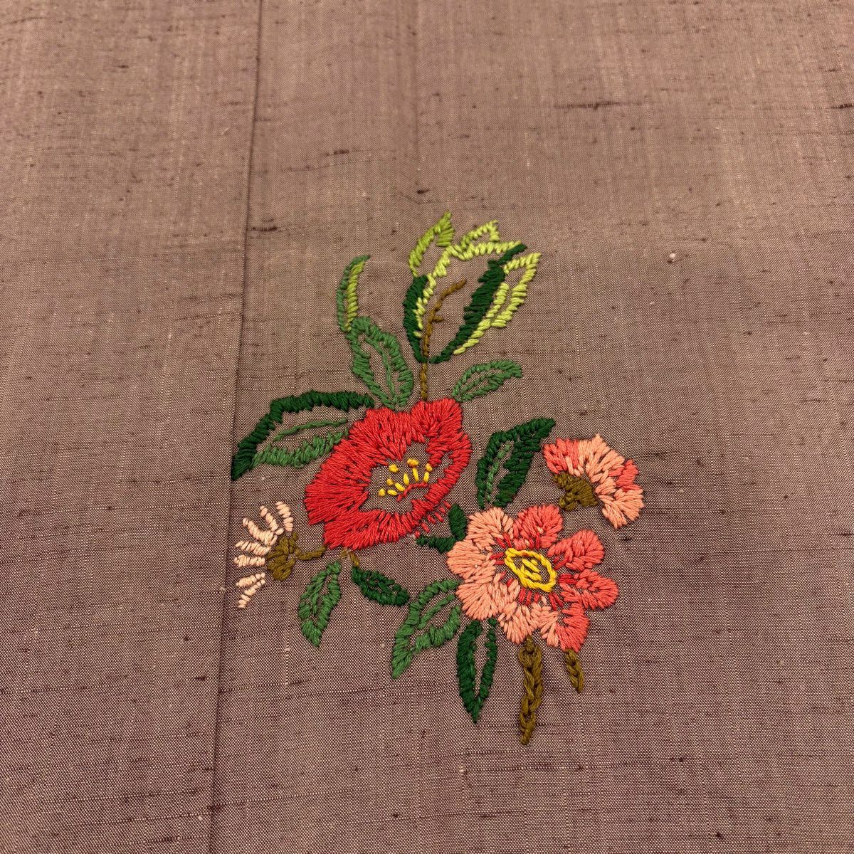 付下 身長153cm 袖長62cm S 雙層 紬織織 草花紋紋 刺繡 茶 純蠶絲 秀品級