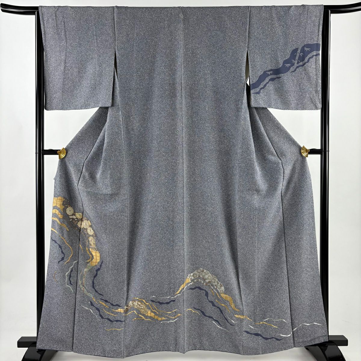 付下 身長163cm 袖長65cm M 雙層 菊花 梅花 金銀彩 刺繡 青灰 純蠶絲 秀品級 一つ紋