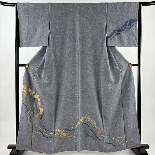 付下 身長163cm 袖長65cm M 雙層 菊花 梅花 金銀彩 刺繡 青灰 純蠶絲 秀品級 一つ紋