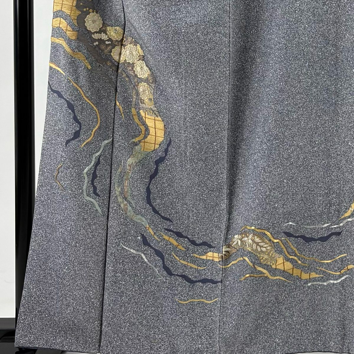 付下 身長163cm 袖長65cm M 雙層 菊花 梅花 金銀彩 刺繡 青灰 純蠶絲 秀品級 一つ紋