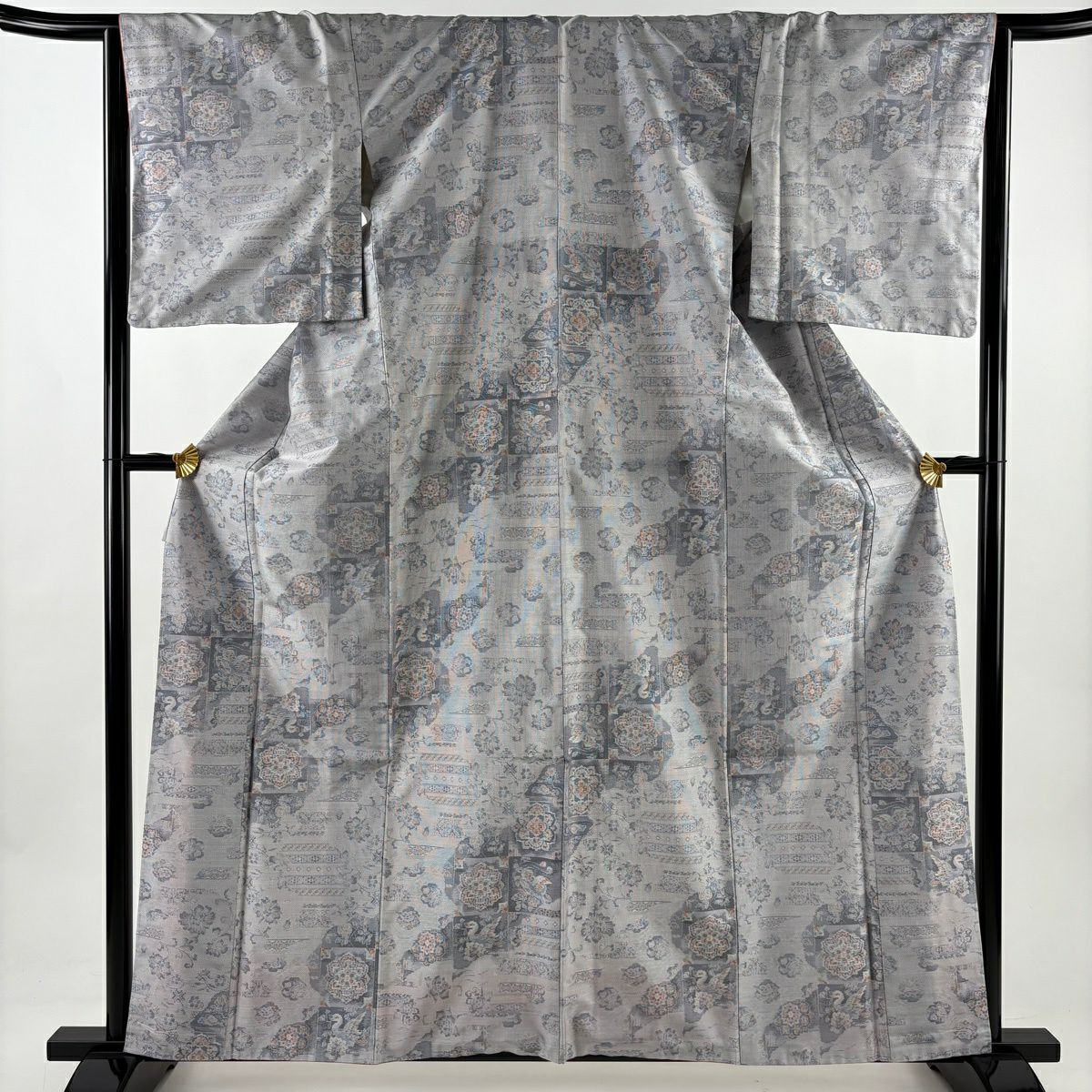 【美品】 紬織 身長162.5cm 袖長64.5cm M 雙層 華紋 鳥 灰紫 純蠶絲 秀品級