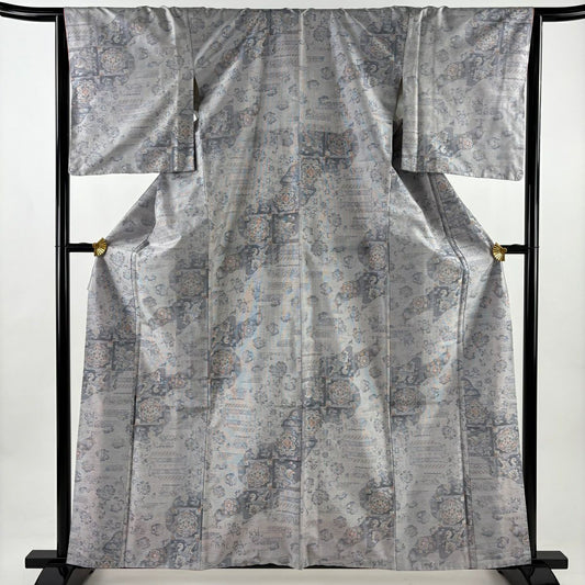 【美品】 紬織 身長162.5cm 袖長64.5cm M 雙層 華紋 鳥 灰紫 純蠶絲 秀品級