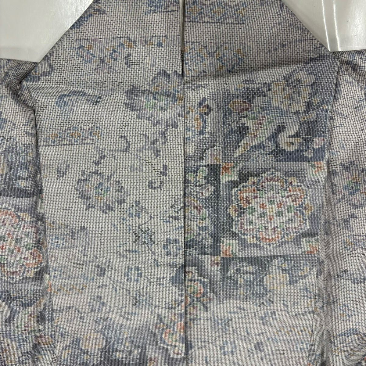 【美品】 紬織 身長162.5cm 袖長64.5cm M 雙層 華紋 鳥 灰紫 純蠶絲 秀品級