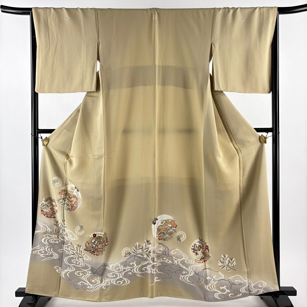 色留袖禮服 身長161.5cm 袖長66.5cm M 雙層 仙鶴 松樹梅花 金絲 金銀彩 米色 純蠶絲 優品級 三個紋