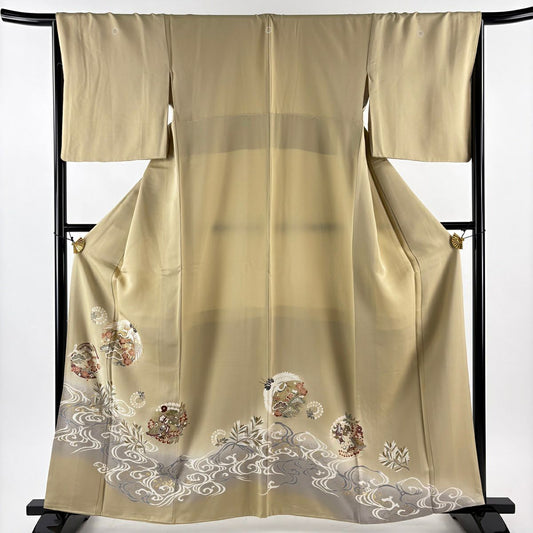 色留袖禮服 身長161.5cm 袖長66.5cm M 雙層 仙鶴 松樹梅花 金絲 金銀彩 米色 純蠶絲 優品級 三個紋